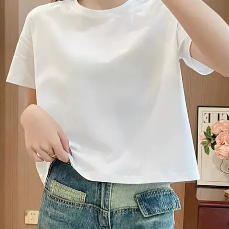 2025春夏季小个子棉T恤女短袖短款高腰百搭上衣服白色洋气打底衫商品大图