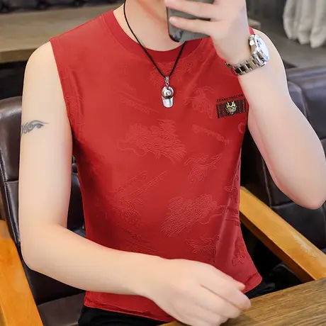 夏季男士背心冰丝薄款透气运动健身宽肩坎肩无袖t恤跨栏打底潮流图片