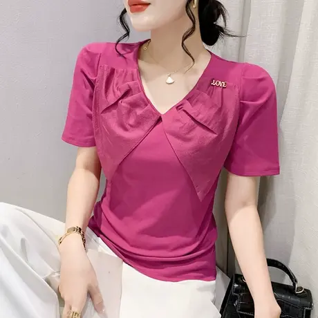 欧货设计感V领T恤女短袖2024夏装新款蝴蝶结拼接上衣百搭洋气小衫图片