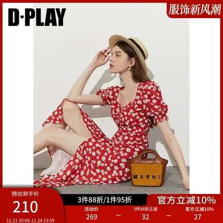 DPLAY秋装夏新度假红底雏菊印花法式复古泡泡袖茶歇开衩长裙商品大图