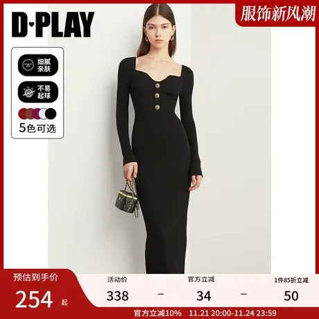 DPLAY春轻奢名媛黑色宫廷领修身针织毛衣裙连衣裙长裙小黑裙商品大图