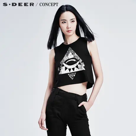 sdeer圣迪奥街头抽象印花毛边无袖T恤上衣S16280393图片