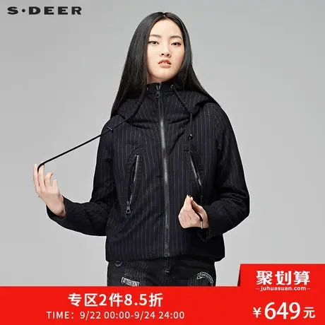 sdeer圣迪奥2019冬装连帽英伦条纹口袋立领短款羽绒服女S17482412图片