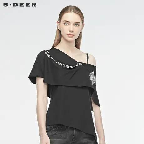 sdeer圣迪奥前卫V领撞色字母解构拼接不规则摆无袖T恤S192801B5图片
