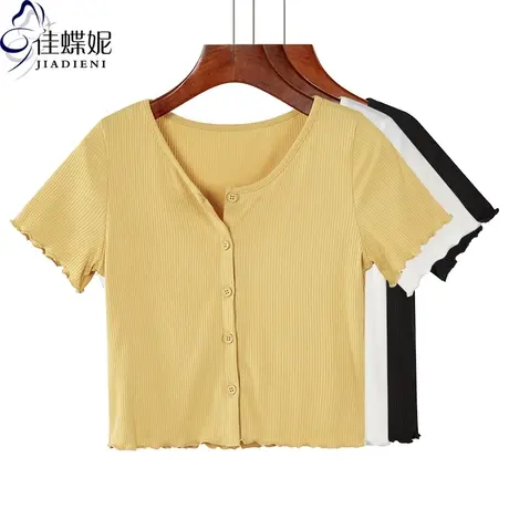 早春夏纯色螺纹韩版高腰短款修身荷叶边圆领纯棉T恤上衣女短袖商品大图