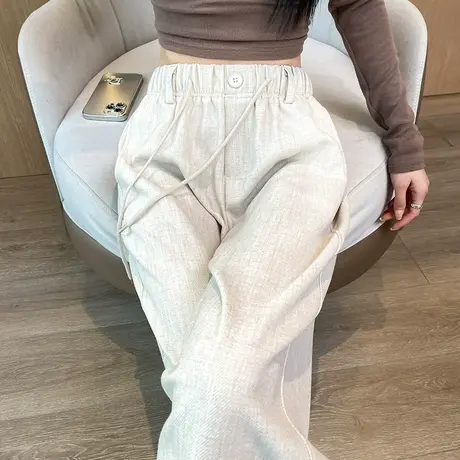 高腰棉麻阔腿裤女2025春秋新款宽松垂感显瘦直筒亚麻米白拖地长裤图片