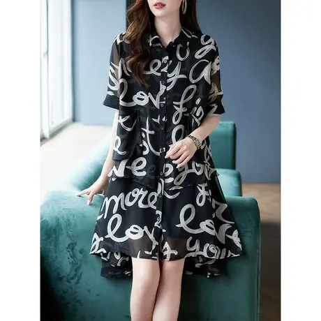 宝诗黎字母印花短袖衬衫连衣裙2025夏季新款气质宽松中长雪纺裙子商品大图