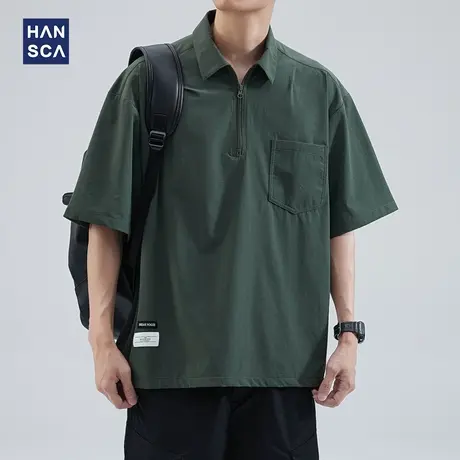 hansca 美式复古半拉链polo衫男夏季2025宽松翻领潮流百搭短袖t恤商品大图