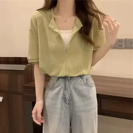 chic港味假两件拼接短袖T恤女夏装百搭宽松显瘦短款华夫格上衣服商品大图