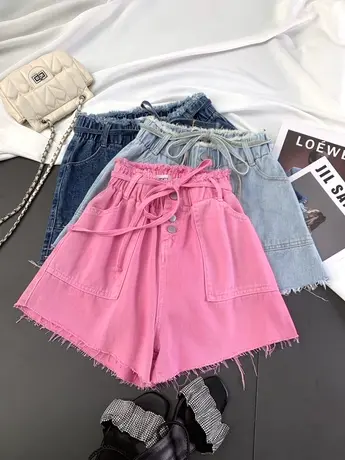 韩版松紧腰抽绳牛仔短裤2024春夏新款显瘦百搭高腰宽松阔腿a字裤商品大图