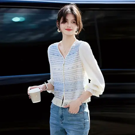 时尚气质浅蓝条纹春季长袖衬衫女士2025年春季新品减龄百搭上衣商品大图