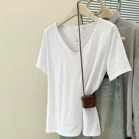 竹节棉V领短袖T恤女2025夏季新款宽松韩版内搭外穿打底衫纯棉上衣图片