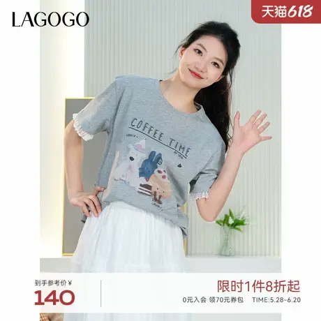 LAGOGO可爱小狗印花T恤女拉谷谷2025年夏季新款灰色舒适宽松短袖商品大图