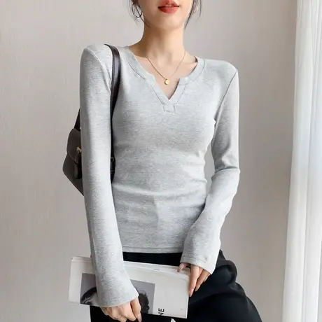 KV真维斯v领长袖T恤女2025新款春夏季穿搭薄款收腰显瘦小个子上衣商品大图