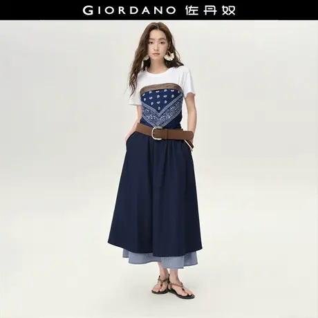 设计师款佐丹奴高腰裙子女拼接格纹下摆松紧腰半身长裙女18465820商品大图