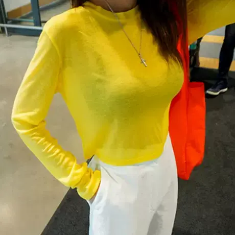 长袖爵士舞蹈T恤女宽松短款微透视防晒罩衫亮黄色上衣jazz跳舞服图片