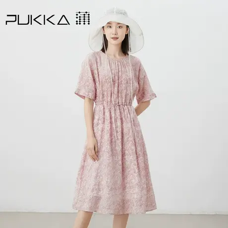 蒲PUKKA 2023夏苎麻高级粉收腰显瘦连肩袖仙气碎褶连衣裙商品大图