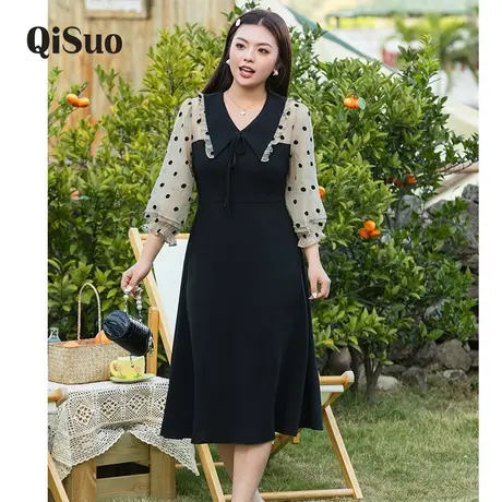 2024年秋装法式减龄气质V领收腰显瘦波点大码MM胖妹妹7分袖连衣裙商品大图