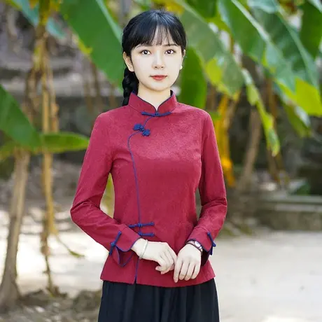 筠雅唐装女中国风中式盘扣上衣女改良旗袍红色茶服民国风复古女装商品大图