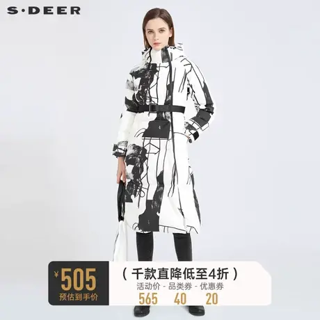 sdeer圣迪奥女装高领连帽水墨印花收腰拼接中长款羽绒服S20482486👡商品大图