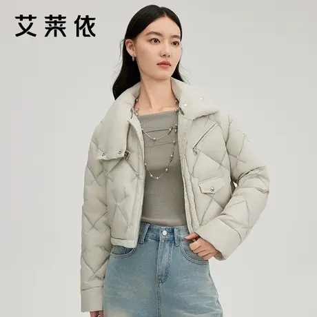 艾莱依短款羽绒服女新款机车夹克上衣保暖围脖领刺绣鸭绒休闲外套商品大图