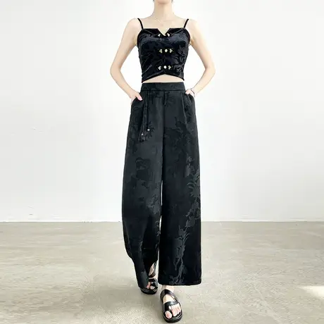 新中式国风提花冰丝抗皱阔腿裤女夏季薄款高腰直筒防晒宽松休闲裤商品大图