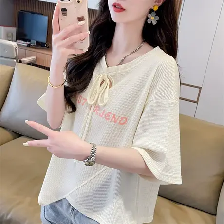 设计感小众短袖t恤女夏季韩版宽松大码女装不规则百搭蝴蝶结上衣图片