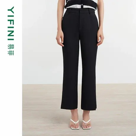 [专柜同款]Yifini/易菲黑色斜纹显瘦通勤微喇裤显高九分裤休闲裤商品大图