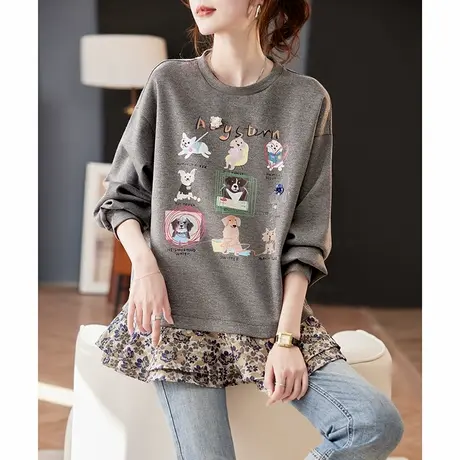 宝诗黎提花拼接印花亮丝卫衣2025春季设计感假两件百搭休闲上衣女商品大图