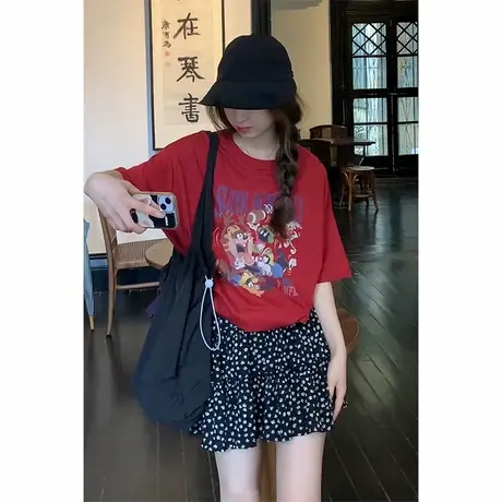 酒红色卡通印花短袖t恤女装2025宽松韩版高级感chic甜辣半袖上衣商品大图