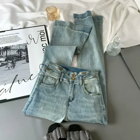 两粒扣水洗复古高腰微喇牛仔裤女2025春季新款弹力提臀喇叭长裤潮商品大图