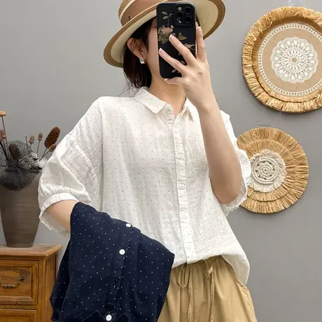 夏季韩版文艺小清新波点双层棉纱中袖白衬衫女宽松休闲五分袖上衣商品大图