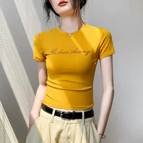 莱赛尔天丝字母烫钻短袖T恤女2025夏季舒适面料圆领正肩气质上衣商品大图