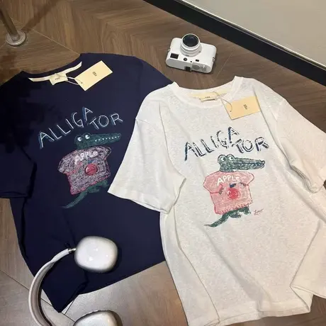韩国夏季新款卡通鳄鱼印花短袖T恤女宽松百搭凉感雪花棉透气上衣商品大图