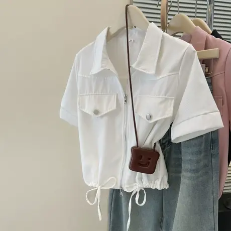 抽绳收腰短款正肩上衣女夏季韩版宽松设计感双拉链Polo领衬衫潮牌图片