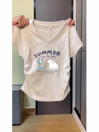 微胖mm高级慵懒松弛感穿搭T恤女夏季大码chic收腰遮肚V领短袖上衣商品大图