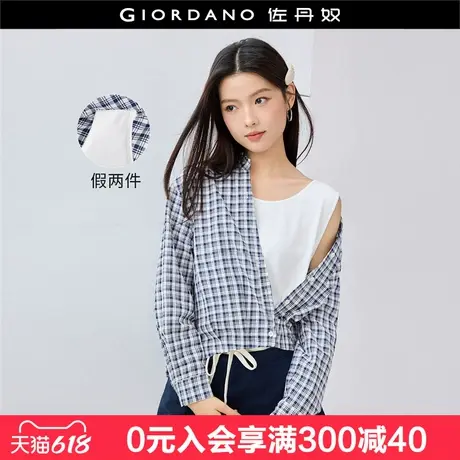 设计师款佐丹奴知识分子风女假两件前短后长长袖格纹衬衫18345504图片