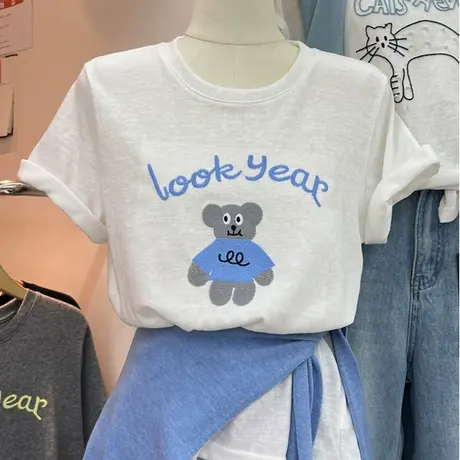 2025夏季新款减龄小熊字母印花韩版宽松休闲百搭短袖T恤上衣女潮商品大图