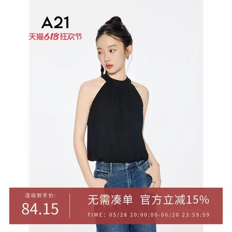 A21女装黑色挂脖圆领无袖t恤2025夏新款简约休闲百搭宽松露肩上衣图片
