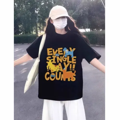 黑色夏季纯棉t恤女2025新款爆款短袖宽松显瘦半袖体恤设计感上衣商品大图