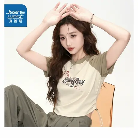 E8真维斯女装 2025夏季新款 圆领插肩袖女款潮流时尚修身短袖T恤商品大图