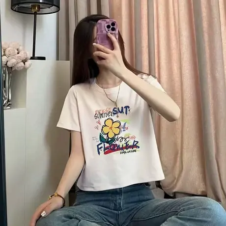 白色正肩印花短袖t恤女2025新款夏季爆款显瘦百搭宽松韩系上衣ins图片