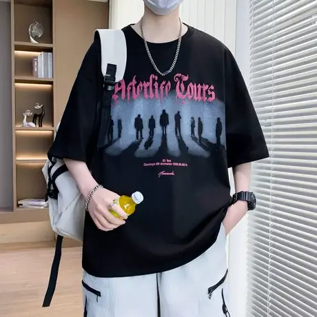 美式潮牌宽松短袖t恤男夏季青少年学生体恤帅气半袖夏装T男装上衣图片