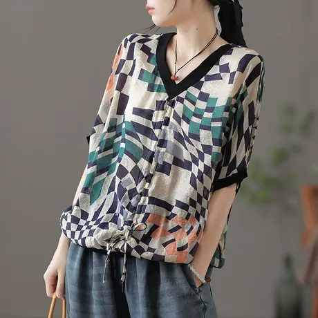 dza 复古宽松V领苎麻上衣女士夏季短袖t恤薄款打底体恤漂亮短上衣商品大图