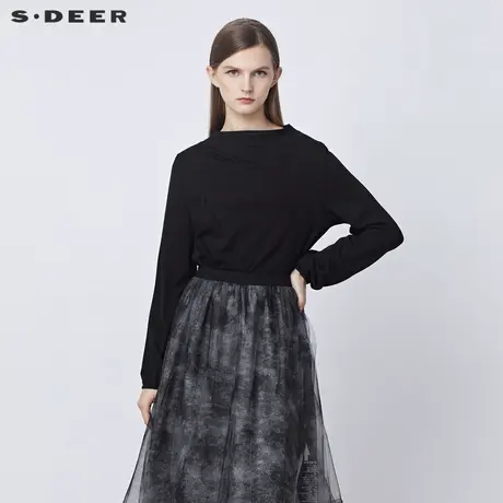 sdeer圣迪奥2021冬新品半高领不规则黑色灯笼袖黑色T恤S21480216图片