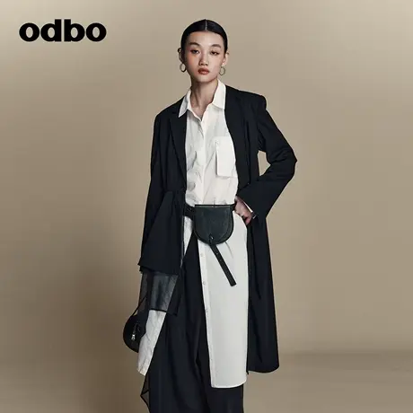 odbo 冷淡系高级感西装外套女拼接网纱假两件春装新款黑色潮图片