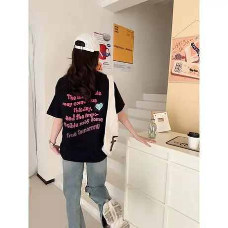 设计感小众情侣大版宽松短袖上衣夏季新款纯棉卡通印花正肩t恤衫商品大图