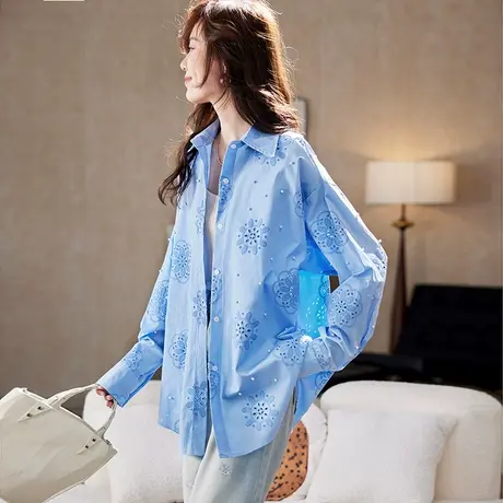 宝诗黎OL钉珠镂空棉质衬衫2025春季时尚休闲洋气百搭大码长袖衬衣商品大图