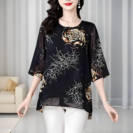 中长款雪纺衫女夏季新款宽松显瘦遮肚子小衫中袖t恤中年妈妈上衣商品大图