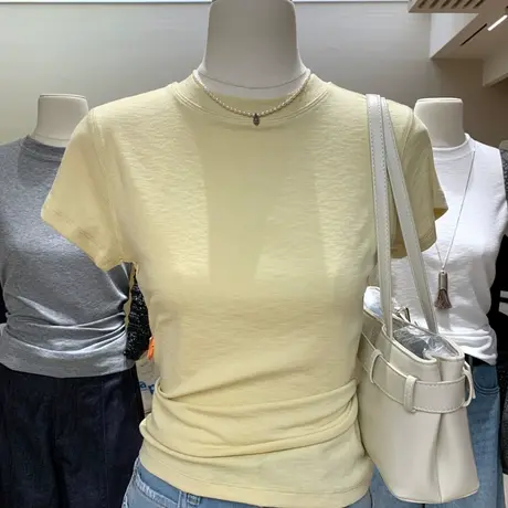 双版小蛮腰慕斯t软垂精棉莫代尔修身小高领正肩短袖T恤显瘦女上衣商品大图